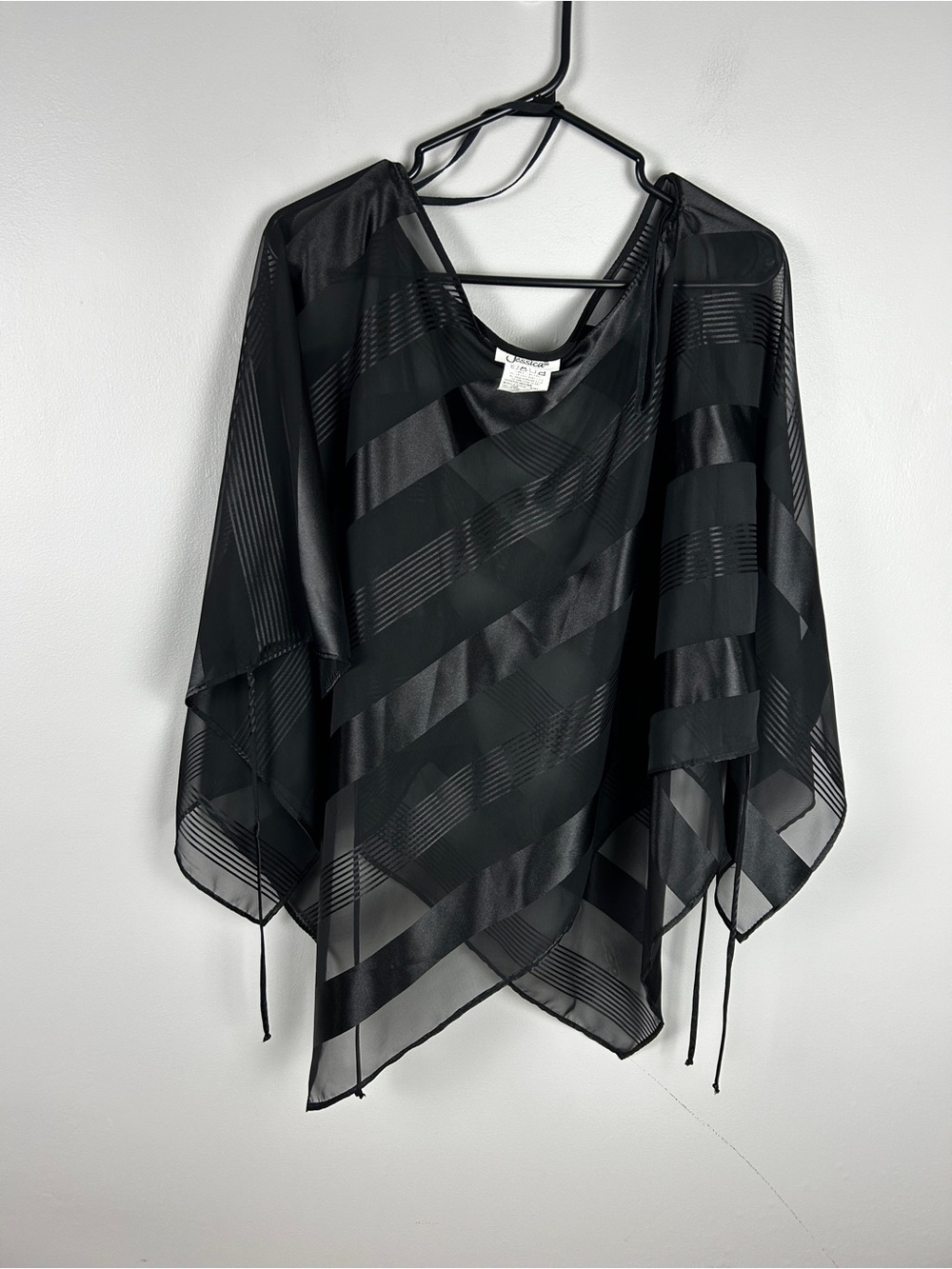 VINTAGE Jessica Sheer Striped Poncho Blouse Black Large Y2K Whimsygoth Floaty